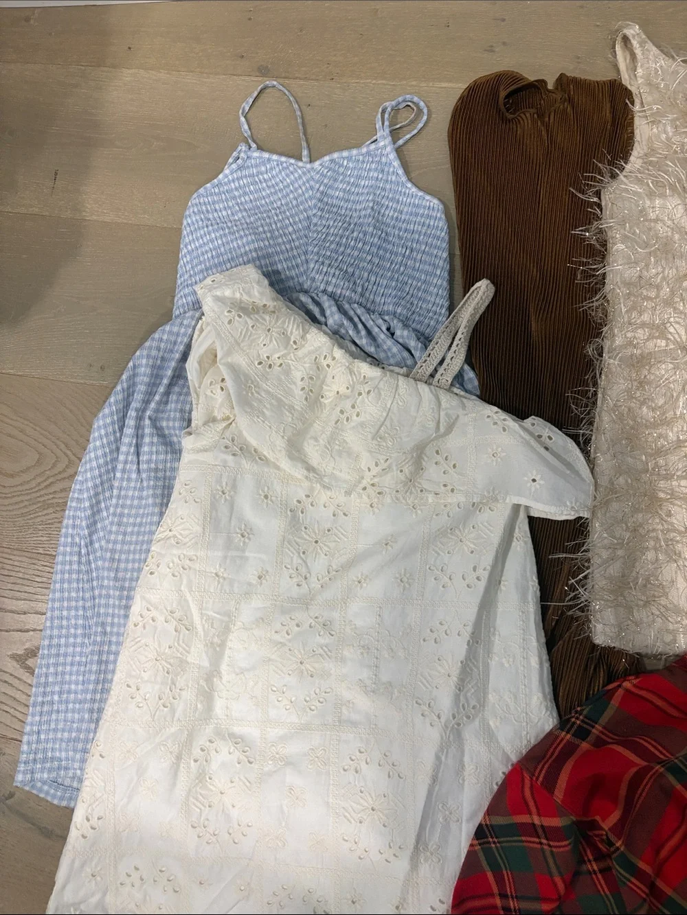 Mixed Dress & Top Bundle - White Eyelet, Blue Gingham, holiday pieces (5 items)